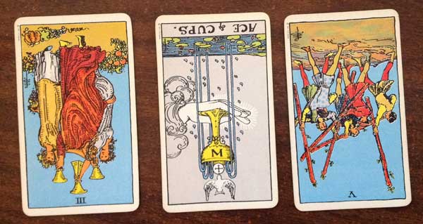 3 of Cups, Ace of Cups, 5 of Wands