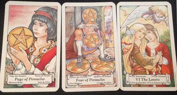 Page of Pentacles, 4 of Pentacles, The Lovers