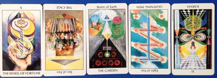 Wheel of Fortune, Ten of Fire, Seven of Earth, Eight of Fire, Karma
