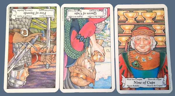 5 of Swords, Queen of Cups, 9 of Cups