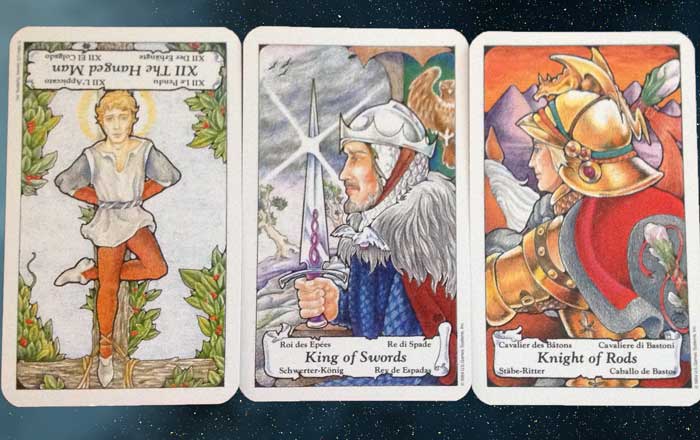 Hanged Man, King of Swords, Knight of Rods