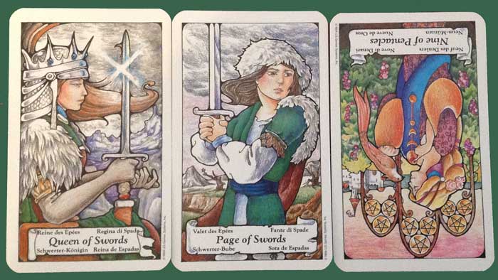 Queen of Swords, Page of Swords,  9 of Pentacles