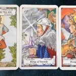 Hanged Man, King of Swords, Knight of Rods