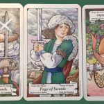 Queen of Swords, Page of Swords, 9 of Pentacles